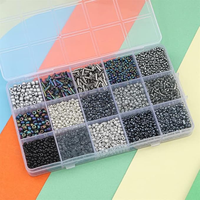 15 Color 4mm Small Assorted Glass Seed Beads,3mm Bugle Beads Friendship Bracelet Kit,2mm Tiny Tube Bead for Jewelry Making(Black)