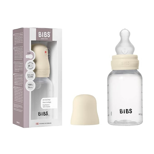 BIBS Baby Bottle 5 oz / 150 ml Silicone Nipple - Anti-Colic, BPA-Free, Round Nipple, Slow Flow, Lightweight & Easy to Clean, Suitable for Newborns 0+ Years - Ivory