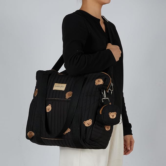 Large Diaper Bag Tote, Maternity Hospital Travel diaper tote, Multifunction baby bag, Baby Nappy Bags, Messenger bag (Medium - Black Bears)