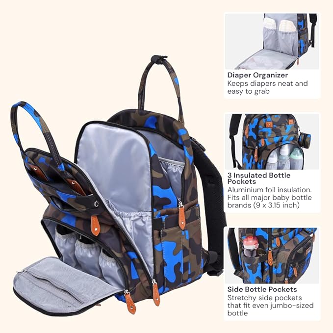 BabbleRoo Diaper Bag Backpack - Baby Essentials Travel Tote - Multi function Waterproof Diaper Bag, Travel Essentials Baby Bag with Changing Pad, Stroller Straps & Pacifier Case - Unisex, Blue Camo