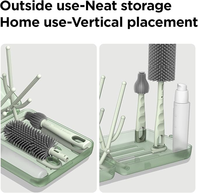 YOTIME Travel Bottle Brush Set, Auto-Open Rack & Vertical Brushs Drying Slots, 3 Brushes, Foldable Drying Rack, Dispenser, Travel Baby Essentials for On-The-Go Parents, Green