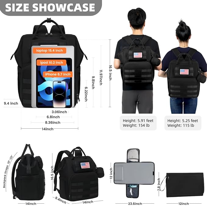 Diaper Bag Backpack for Dad and Men, Large Travel Baby Bag with Changing Pad, Pacifier Case, Removable Flag Patch - Baby Shower Gifts - Shadow Black