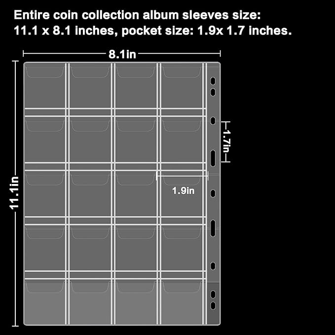 12 Sheets Coin Collection Pages, Coins Pocket Page with 240 Pockets, Coin Binder Inserts Sleeves with Standard 9 Hole for Coin Album. Storage Holder for Currency, Stamp and Other Supplies (20 Pockets)