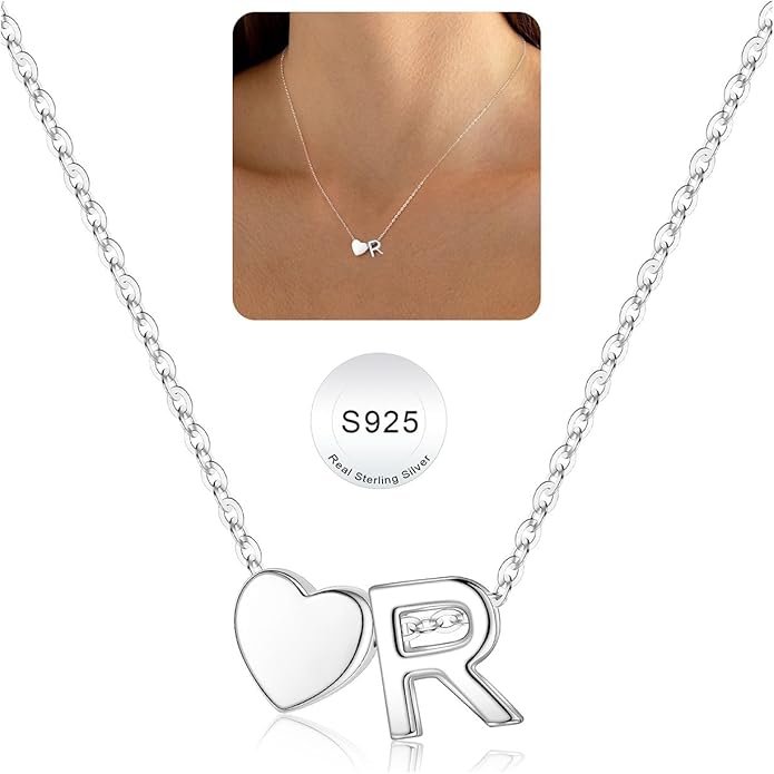 Turandoss S925 Sterling Silver Heart Initial Necklaces for Girls Teen Girls, Dainty S925 Sterling Silver Tiny Heart Initial Necklace Letter Necklaces Trendy Jewelry Gifts for Girls Teen Girls