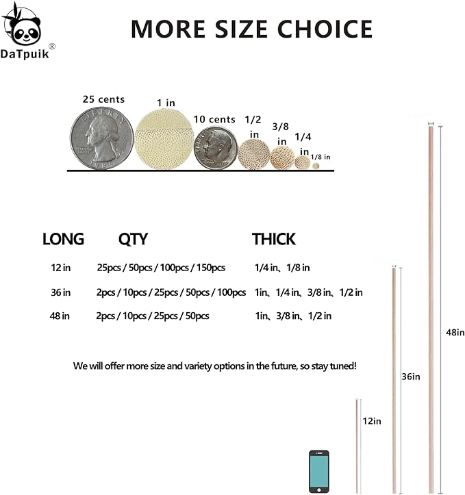 1/2 x 48 Inch 25 PCS Dowel Rods Wood Sticks Wooden Dowel Rods - Unfinished Bamboo Sticks - for Crafts and DIYers