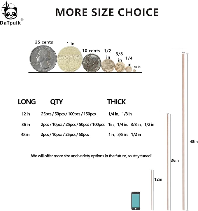 1/4 x 36 Inch 50PCS Dowel Rods Wood Sticks Wooden Dowel Rods - Unfinished Hardwood Sticks - for Crafts and DIYers