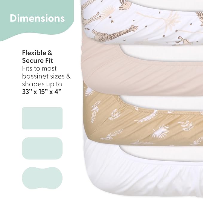 The Peanutshell Baby Organic Bassinet Sheets 4-Pack Boy or Girl - Ultra Soft & Rectangle Baby Sheet, 100% Jersey Cotton, Fitted Covers for Crib, Halo Bassinet Mattress - Caramel Safari