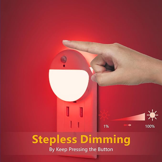 2 Pack Plug in Red Sleep Night Light, Dusk to Dawn, 3 Lighting Ways, Soft Glow, Stepless Dimming, LED Lights for Bedroom, Sleep, Baby Nursery, Kids, Toddler, Bathroom, Hallway, Home Decor