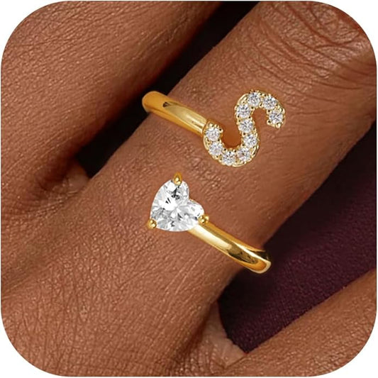 Initial Gold Rings for Girls Women - Dainty 14K Gold Plated Adjustable Letter A-Z Rings Teen Girls Gifts Trendy Stuff Heart CZ Initial Ring Teens Birthday Gift for Girls Non Tarnish
