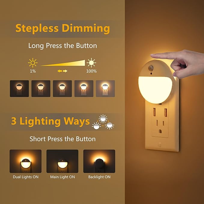 2 Pack Plug in Night Light with Motion Sensor and Dusk to Dawn Sensor, Stepless Dimming, Warm White LED Nightlight with 3 Lighting Ways for Bathroom, Bedroom, Kitchen, for Kids, Adults