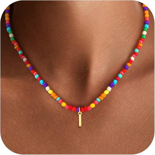 Colorful Initial Necklaces for Girls Kids Women, Cute Beaded Initial Necklace Teen Girl Gifts Trendy Stuff, Bohemian Letter Necklace Birthday Gifts for Women Girls Jewelry