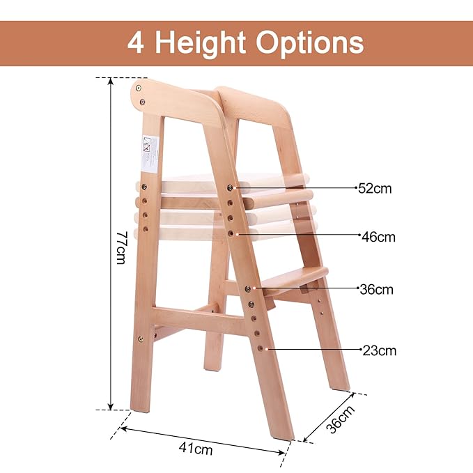 YOLEO High Chair Wooden for Toddlers Junior Childs, Sturdy Durable Dining Feeding Chair with Steps Grows with Child, Max 60kg (Natural Color)