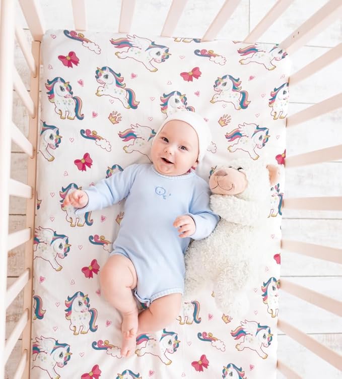 4 Pack Soft Baby Girl N Play Sheets for Mini Crib Mattress Unicron Rainbow Heart Cute Neutral Polyester Unisex Fitted Mini Crib Sheets Set for Baby Girls