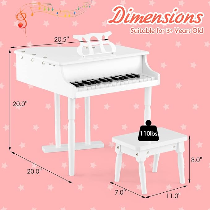 Goplus 30-Key Classical Kids Piano, Mini Grand Piano Wooden Learn-to-Play Musical Instrument Toy with Bench, Piano Lid, Music Rack, Gift for Boys Girls Aged 2+ Baby Toddler(3 Straight Leg-White)