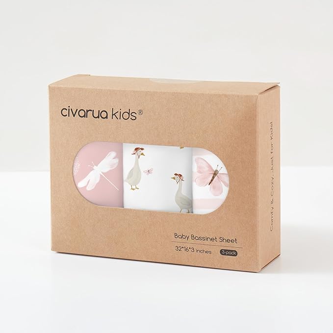 3-Pack Organic Bassinet Sheets for Girls Stretch, Soft Cozy Fitted Bassinet Mattress Sheet (32" x 16") Universal Fit for Hourglass, Oval, & Rectangle Mattresses Pink Butterfly