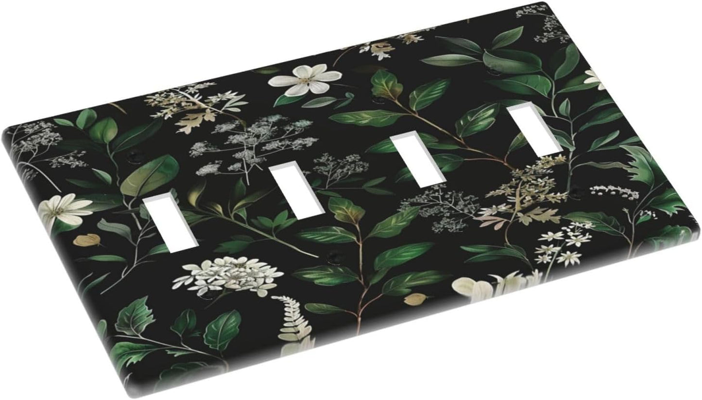 Decorative Switch Covers Plate Rustic Green Leaves White Flower 4 Gang Artistic Wall Plate Unique Quad Toggle Light Switch Plate Jumbo Faceplate for Country Bedroom Home Decor