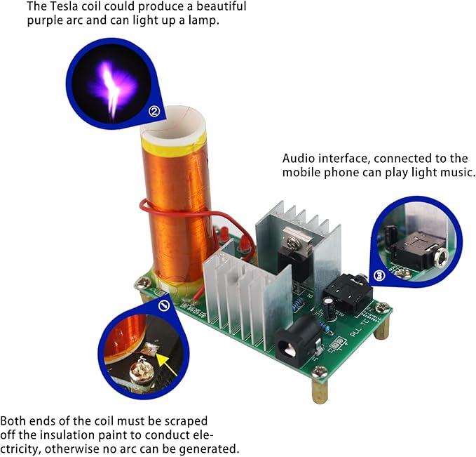 Tesla Coil Soldering Kit with Purple Arc & Bluetooth Music Sync | DIY Spark Generator for Science Experiments, Lighting Lamps, and Audio Visual Effects