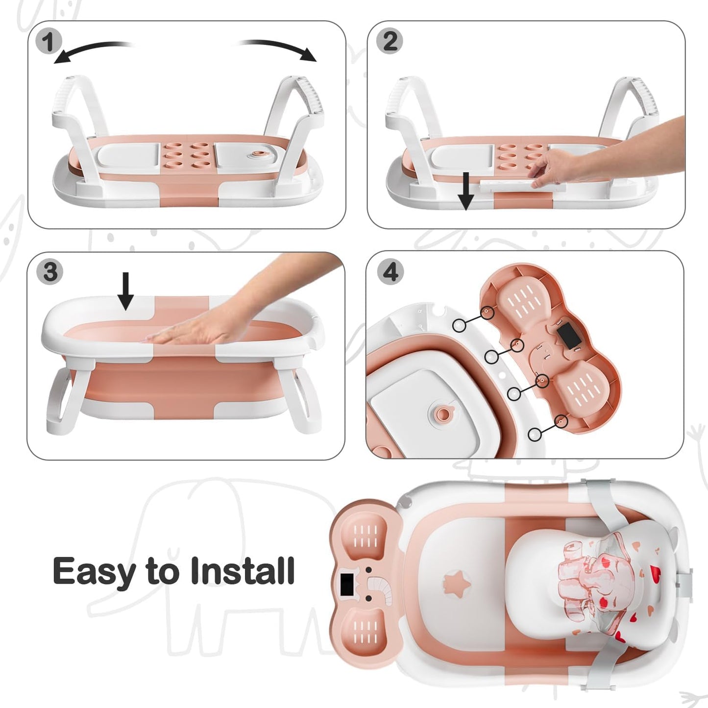 Collapsible Baby Bathtub,Baby Bath Tub with Soft Cushion & Thermometer,Baby Bathtub Newborn to Toddler 0-36 Months,Portable Travel Baby Tub