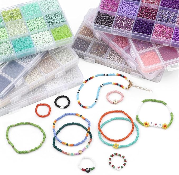 15 Color 4mm Small Assorted Glass Seed Beads,3mm Bugle Beads Friendship Bracelet Kit,2mm Tiny Tube Bead for Jewelry Making(Green)