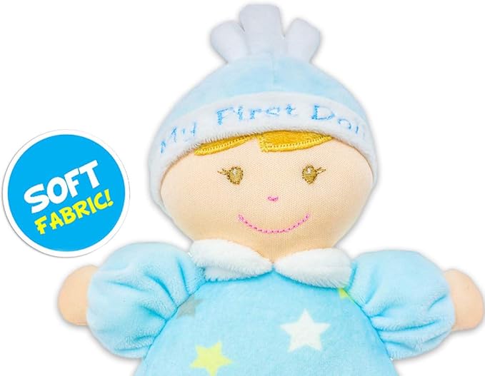 June Garden 9" My First Doll Noah - Soft Plush Baby Doll with Rattle - Baby Blue Outfit