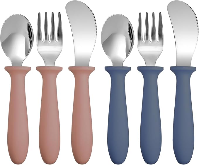 Pimoys 6 Pieces Toddler Utensils Forks,Spoons and Knives,Kids Silverware Set with Plastic Handle Stainless Steel Toddler Silverware,Dishwasher Safe