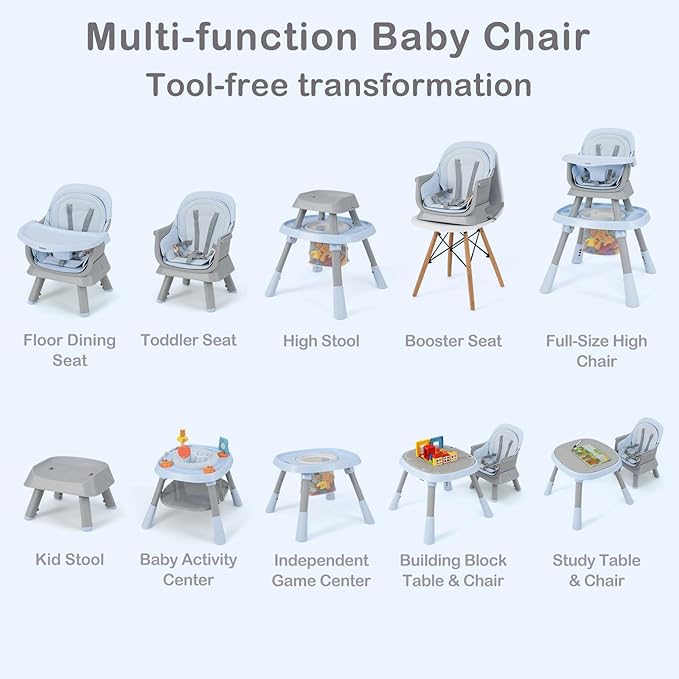 INFANS 9 in 1 High Chair, Convertible Baby Highchair for Babies and Toddlers, Table and Chair Set Building Block Infant Dining Booster Seat, Kids Stool with Activity Children Play Kitchen (Blue)
