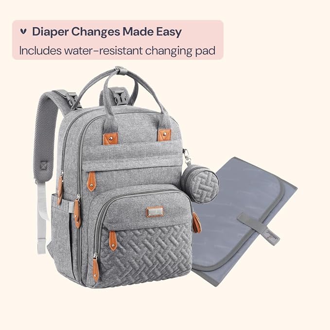 BabbleRoo Diaper Bag Backpack - Baby Essentials Travel Tote - Multi Function Waterproof Diaper Bag, Travel Essentials Baby Bag with Changing Pad, Stroller Straps & Pacifier Case - Unisex, Light Gray