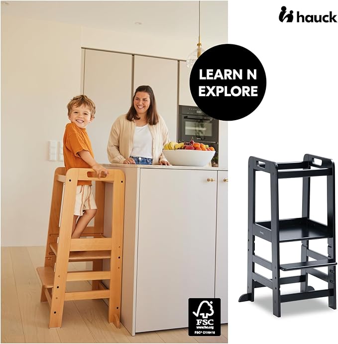 Hauck Learn N Explore Montessori Toddler Tower, Adjustable Wooden Kitchen & Bathroom Step Stool Helper for Home Use with Kids Ages 1+, Black