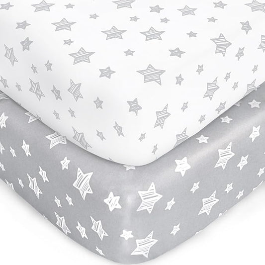 Crib Sheets for Boys or Girls 2 Pack, Fitted Crib Sheet for Standard Size Crib and Toddler Mattresses, Soft and Breathable Material, Grey & White