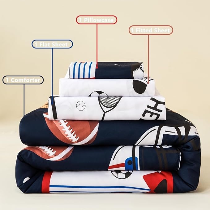 PERFEMET 4 Pieces Sports Toddler Bedding Sets for Boys Reversible Baseball Football Toddler Bed Set with Sheets Soft Fluffy Navy Blue Sport Kids Bed in a Bag for Bedroom(Sport, Toddler)