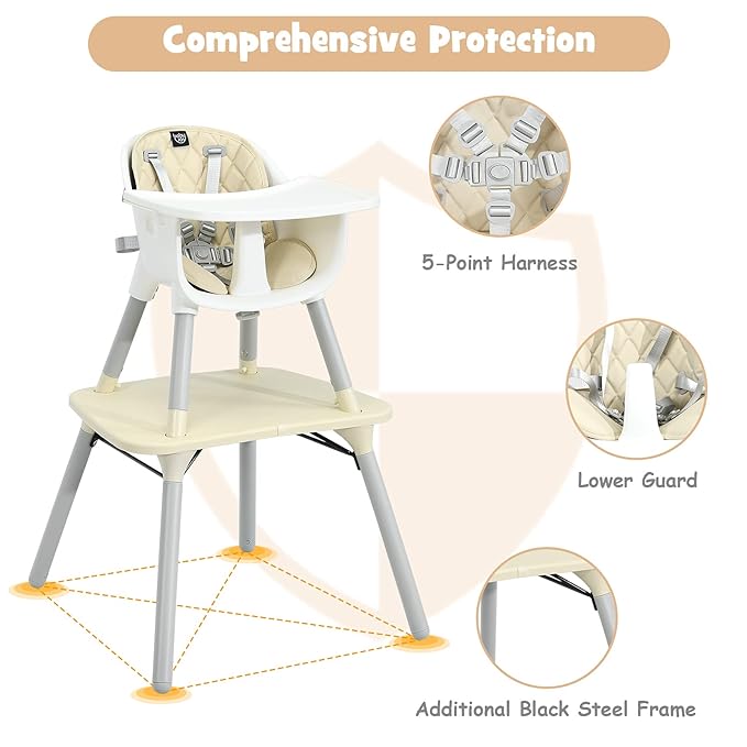 BABY JOY High Chair, 5 in 1 Convertible Highchair for Babies & Toddlers | Booster Seat | Table and Chair Set | Infant Feeding Chair with Removable Tray, Safety Harness, Removable Cushion (Beige)