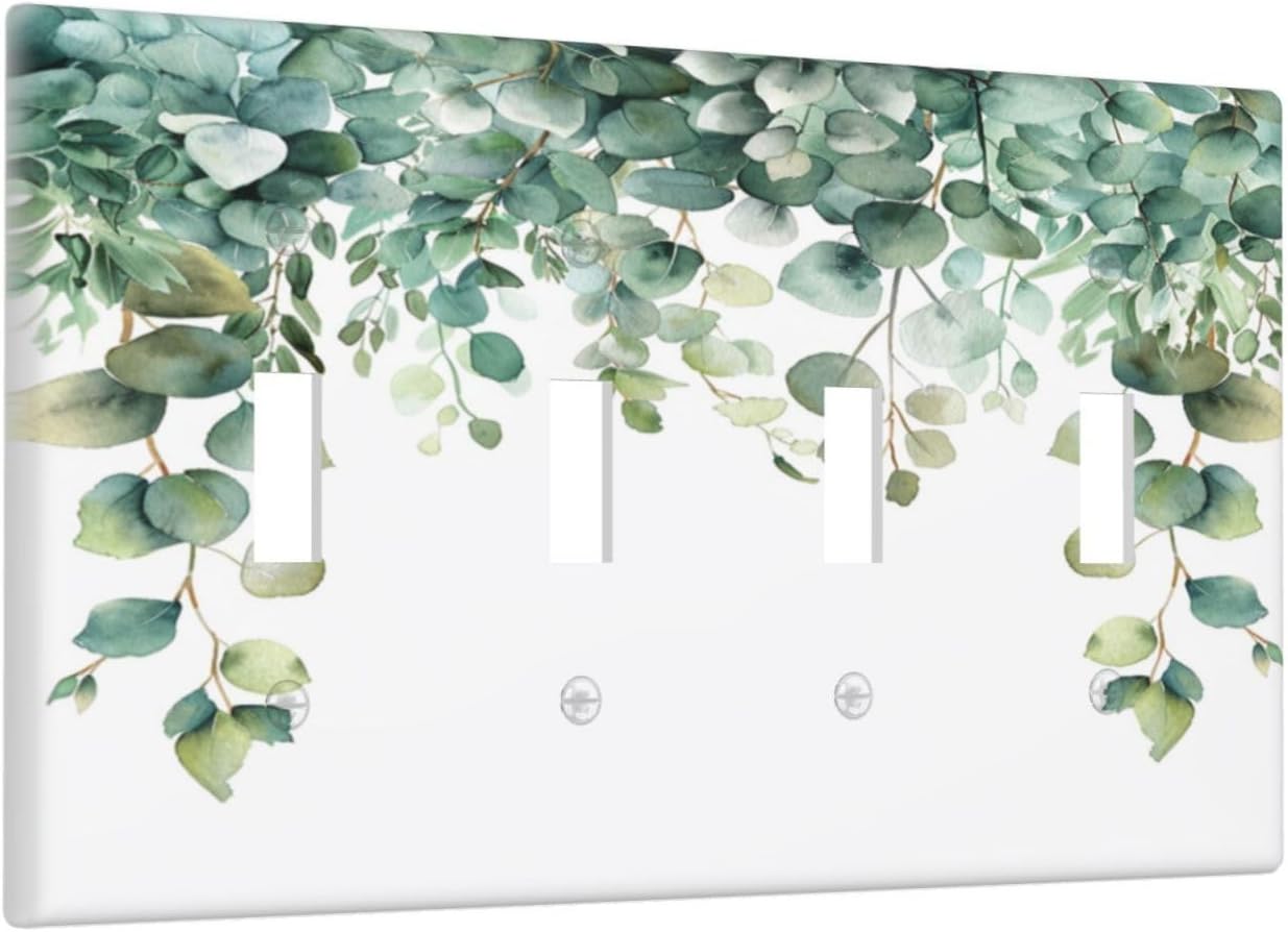 Decorative Switch Covers Plate Rustic Green Eucalyptus Leaves 4 Gang Artistic Wall Plate Unique Quad Toggle Light Switch Plate Jumbo Faceplate for Country Bedroom Kitchen Home Decor