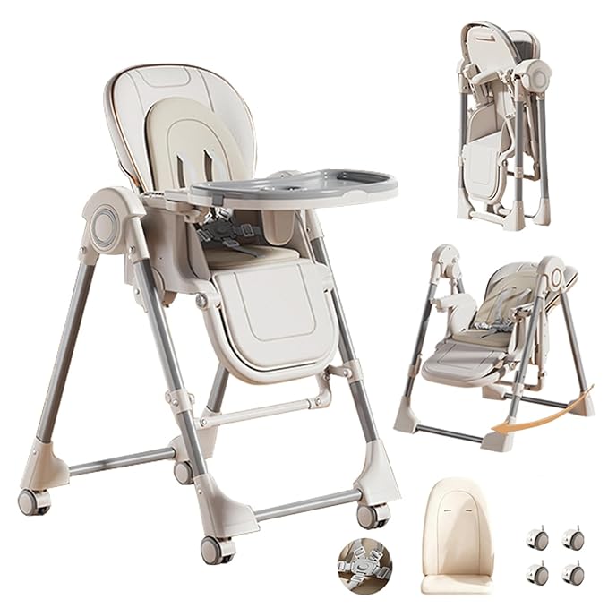 Nine point nine PU Leather Baby High Chair with Swinging Function, High Chairs for Babies and Toddlers, Removable Double Tray Baby Seat Feeding Chairs (8121 White)
