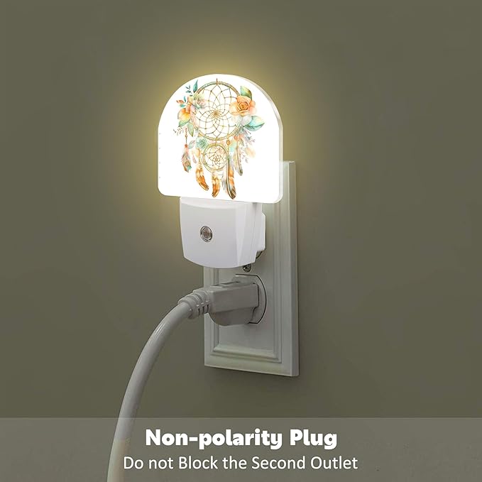 Boho Dream Catcher Flowers Night Light, Watercolor Boho Feathers Floral Dusk to Dawn Night Light Plug in, 0.5w Energy Saving Sleep Friendly NightLight for Kids Boys Girls Home Decor