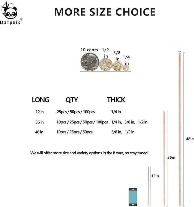 1/2 x 48 Inch 50 PCS Dowel Rods Wood Sticks Wooden Dowel Rods - Unfinished Bamboo Sticks - for Crafts and DIYers