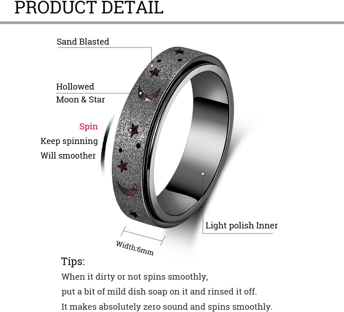 OreilleStar Anxiety Ring for Women Spinner Ring Fidget Ring Fidget Toys Adults Stainless Steel Spinner Rings Fidget Rings for Women Anxiety Fidget Ring Men (Moon Star-Black, 9)