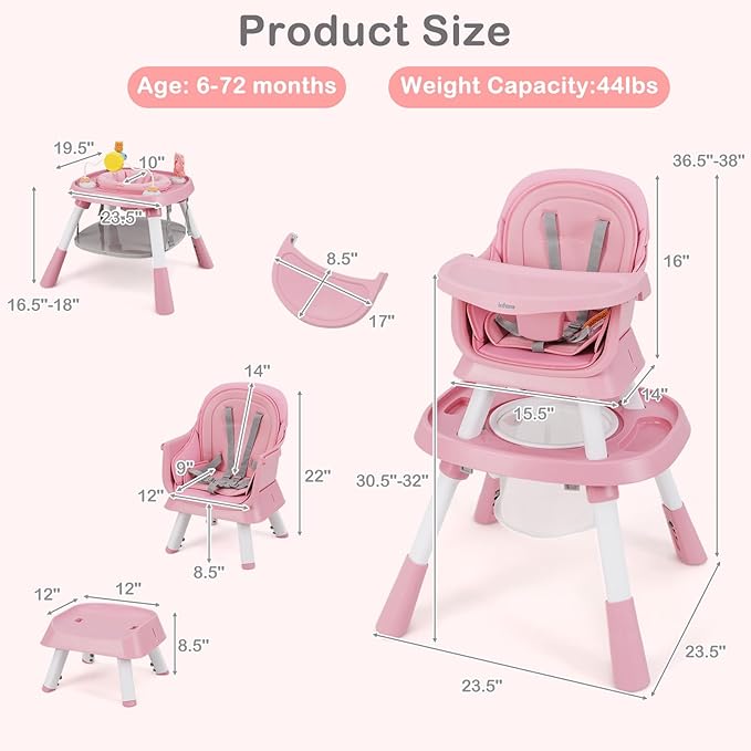INFANS 9 in 1 High Chair, Convertible Baby Highchair for Babies and Toddlers, Table and Chair Set Building Block Infant Dining Booster Seat, Kids Stool with Activity Children Play Kitchen (Pink)