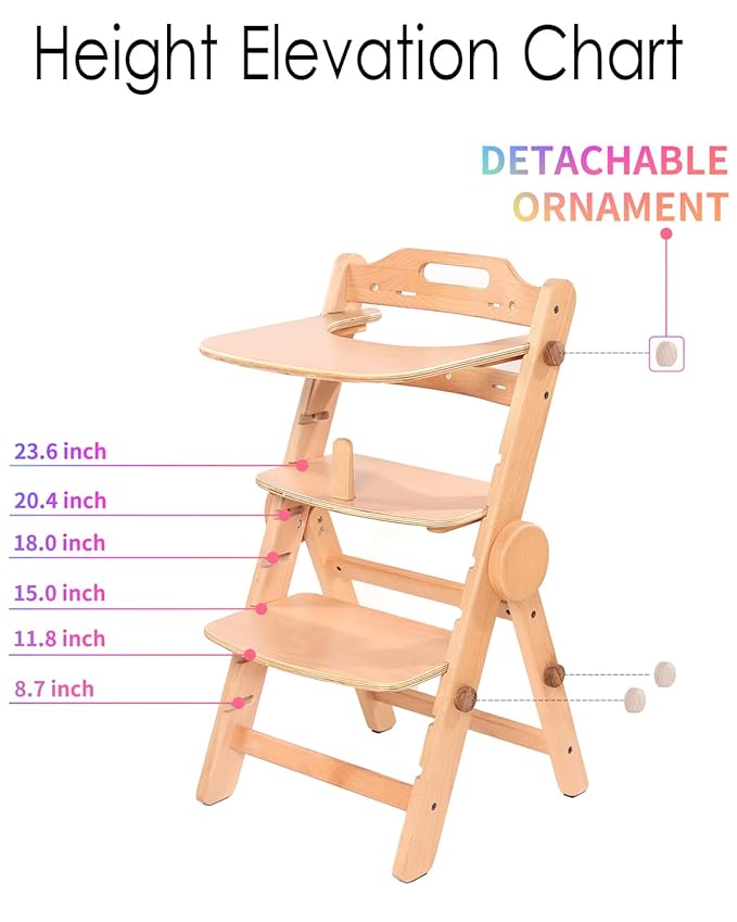Toddler High Chair Wooden, Baby Highchair with Adjustable Tray and Foot Rest, Folding Wood High Chair for Dining, 6 Months up to 300 Lb