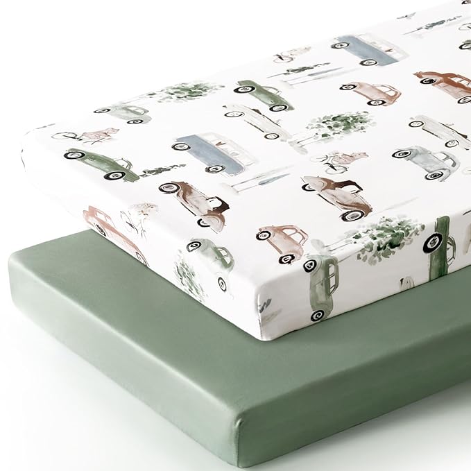 GRSSDER Pack n Play Sheets Fitted 2 Pack, Stretchy Ultra Soft Jersey Knit Pack and Play Sheets, Universal Fitted Portable/Mini Crib Mattresses Snug and Safe, Neutral Pattern of Cars Print
