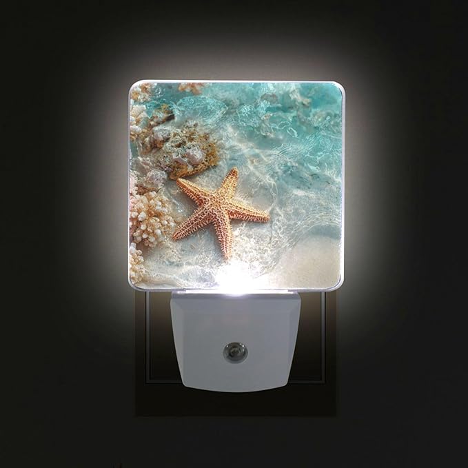 Aslsiy Night Light for Kids Starfish and Coral Summer Beach Sea (1) Plug in Wall Lamp LED Dusk to Dawn Sensor Energy Saving Nightlight for Boys Girls Men Women