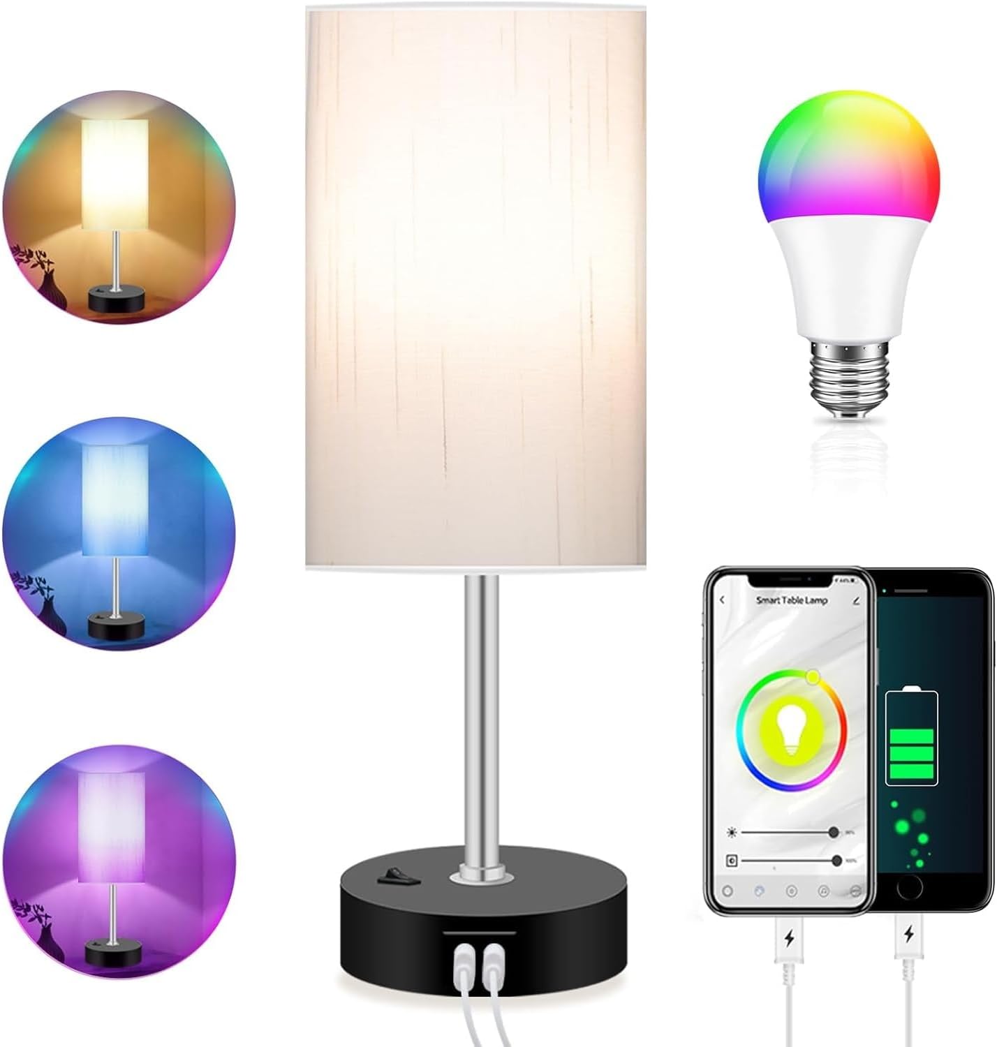 Bedroom Lamp with Smart RGB LED Bulb, Multicolor Changing Table Lamp for Bedroom with 2 USB Port, Dimmable Bedside Lamp Work with Alexa, Smart Nightstand Light for Living Room Sync with Music(2.4GHz)