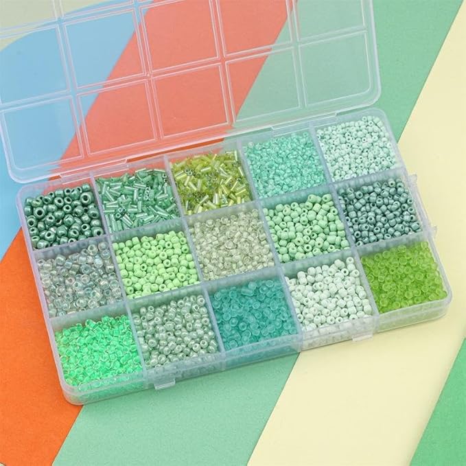 15 Color 4mm Small Assorted Glass Seed Beads,3mm Bugle Beads Friendship Bracelet Kit,2mm Tiny Tube Bead for Jewelry Making(Green)