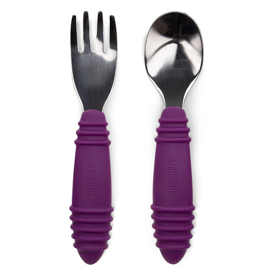 Bumkins Toddler Utensils, Kids Size Fork and Spoon Set, Silicone and Stainless-Steel Training Silverware, Angled Forks / Sporks for Self-Feeding, Children Hold Learning to Eat, 18 Months Up, Purple