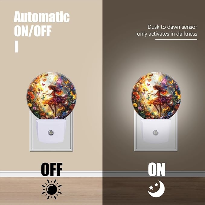 Round LED Night Lights Lamp with Dusk to Dawn Sensor, Beautiful Fairy with Colorful Wings Flying Night Light Plug Into Wall for Kids Room, Bedroom, Bathroom, Kitchen, Hallway