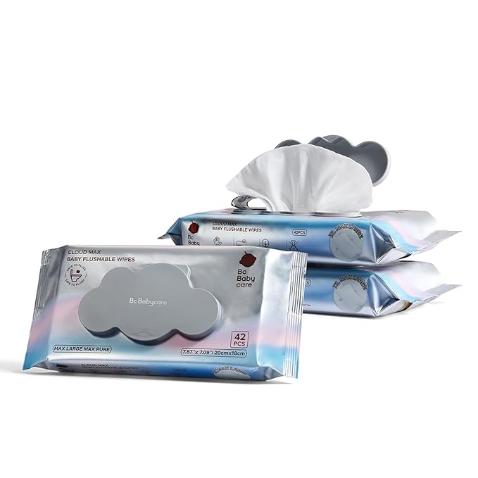 Bc Babycare Flushable Wipes, Hypoallergenic for Sensitive Skin, 99% Water, Plant-Based Fibers, Sewer + Septic Safe, Fragrance Free Toddler Potty Training, 42 Wipes, 3 Packs