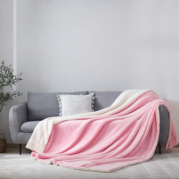 NANPIPER Flannel Blanket Reversible Sherpa Throw Blanket Super Soft Fuzzy Plush Fleece (90"x90",Pink) Queen