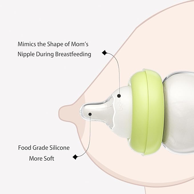 YOHKOH Natural Glass Baby Bottle with Natural Response Nipple, Newborn Anti-Colic Baby Bottles, Wide Neck Mushroom Cap Baby Bottle, Clear (Green, (5.4oz (Pack of 4))