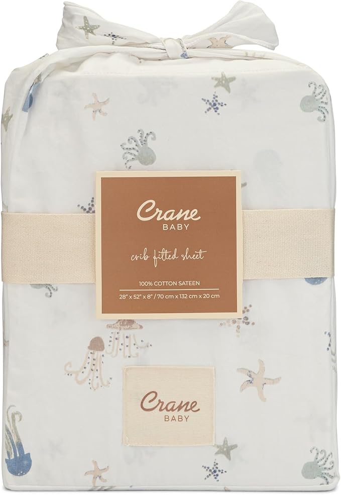 Crane Baby 100% Cotton Under The Sea Fitted Crib Sheet with Jellyfish Design, Neutral Crib Sheets, Fitted Toddler Sheet, 28" x 52" Standard Size Sea Life Crib Sheet