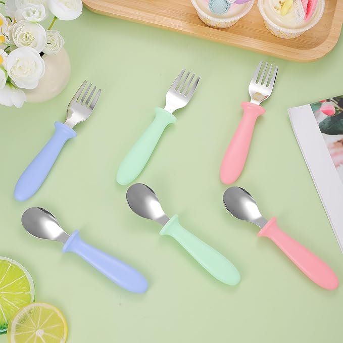 12 Pieces Toddler Utensils, Toddler Forks and Spoons, Kids Silverware Set with Plastic Handle Stainless Steel Silverware, Dishwasher Safe