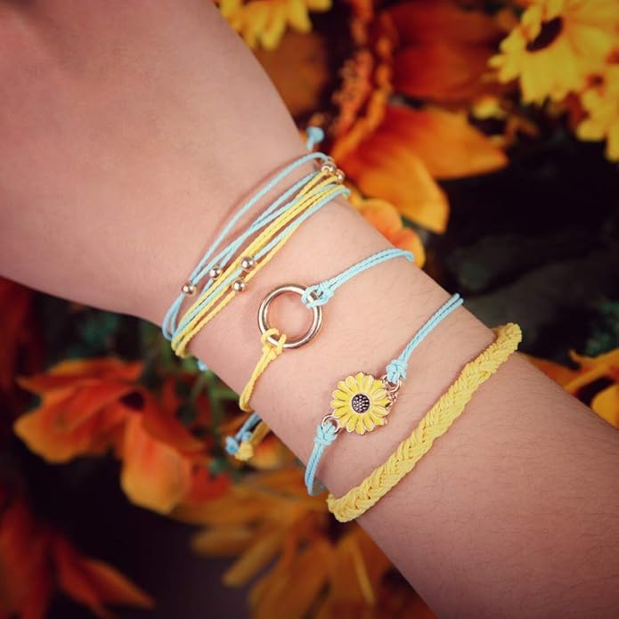 FANCY SHINY Sunflower String Bracelet Boho Braided Rope Wrap Bracelets Cute Summer Beach Surfer Jewelry for Women Christmas Gifts